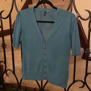 Tahari teal button down short sleeve sweater